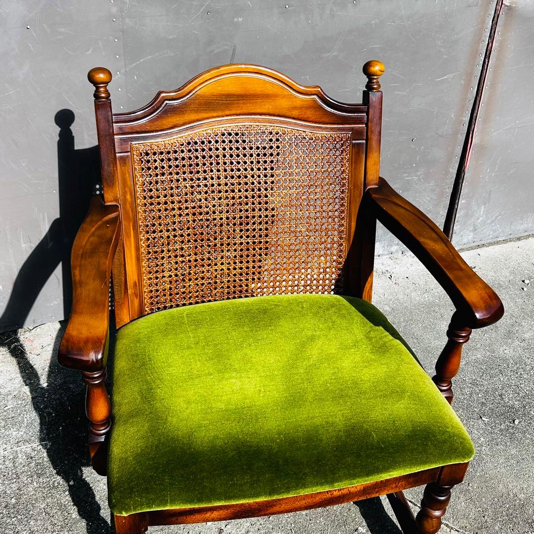 【美品】オールド カリモク / ラタンチェア / モケットグリーン ❷