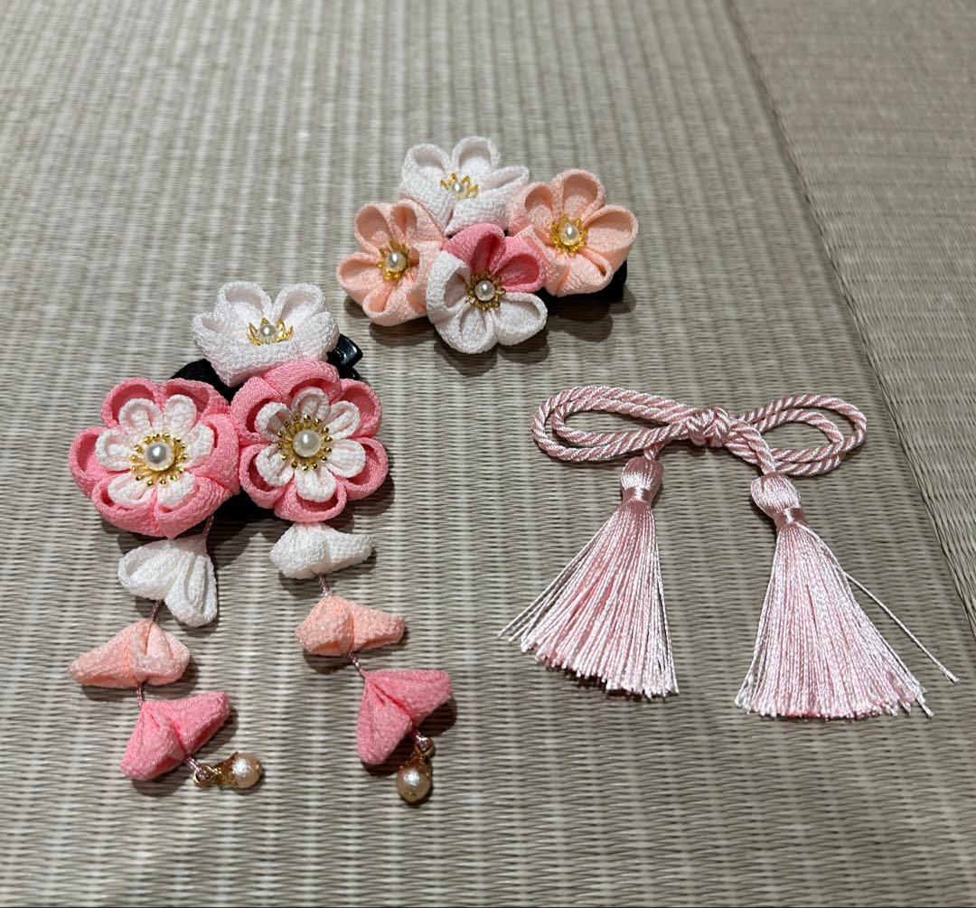 キャサリンコテージ　いにしえ華車黄×桃被布七五三髪飾り　七五三草履　髪飾りセット