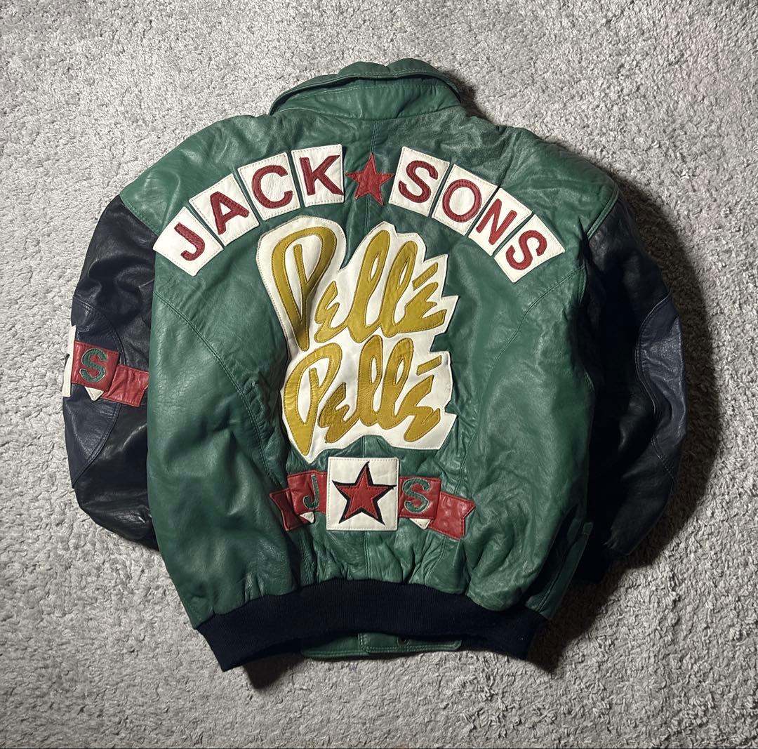 ペレペレ　レザージャケット　ジャクソンズ　刺繍デザイン　グリーン　ブラック　古着