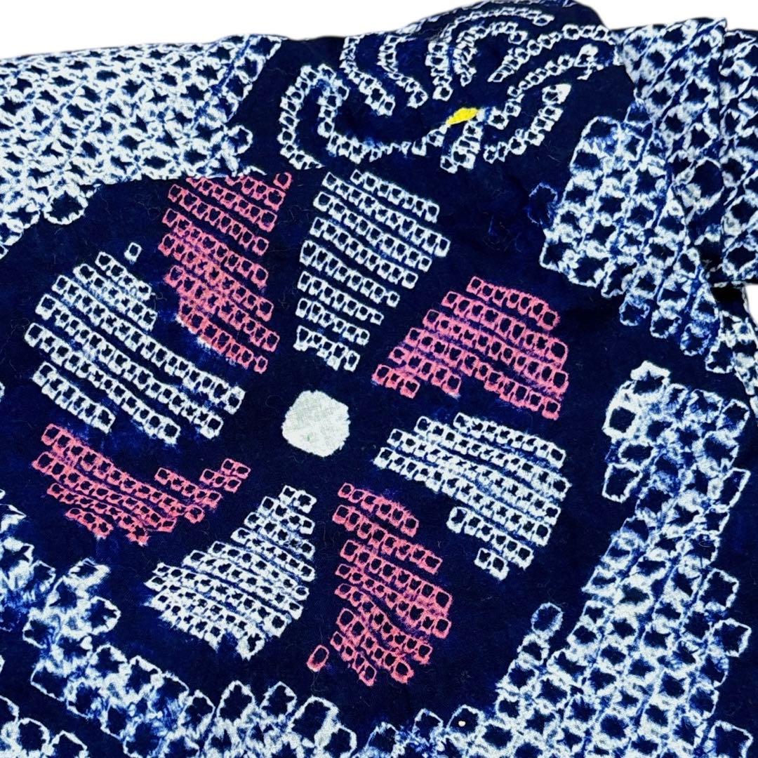 A84有松鳴海絞り 高級浴衣 花 綿　紺　美品　身丈165cm