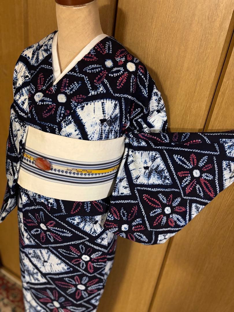 有松鳴海絞り　レトロ　巻き上げ絞り 藍染　花菱　ゆったりサイズ 半幅帯プレゼント