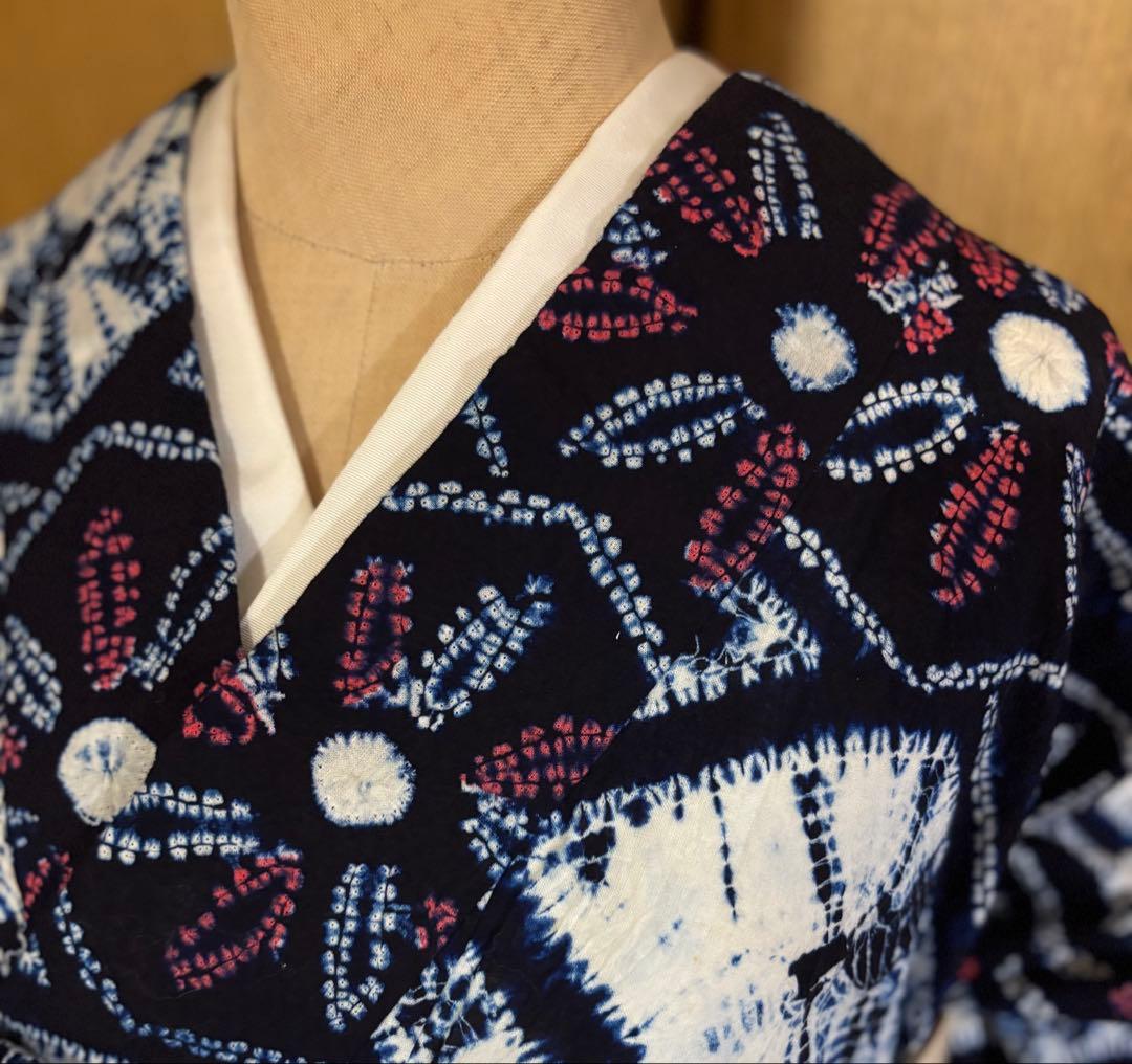 有松鳴海絞り　レトロ　巻き上げ絞り 藍染　花菱　ゆったりサイズ 半幅帯プレゼント