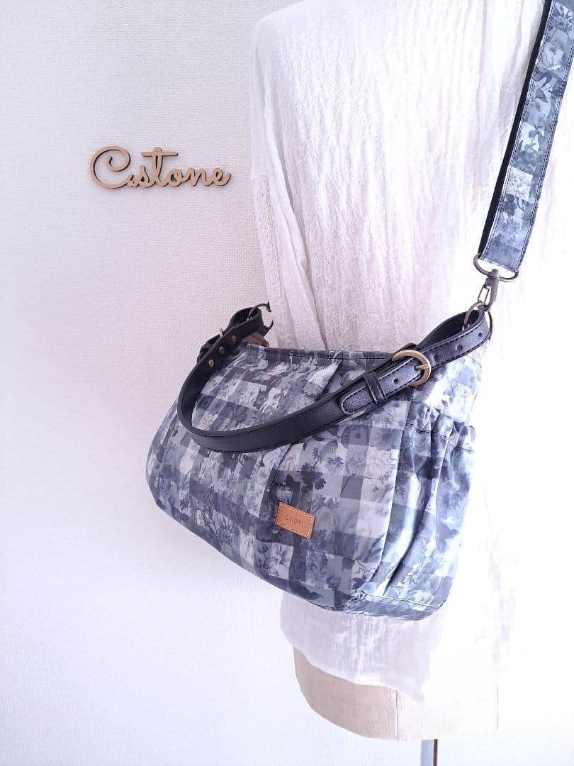 持ち手別売り　リバティ　ラミネート　アーカイブギンガム　グレー　横長ショルダー