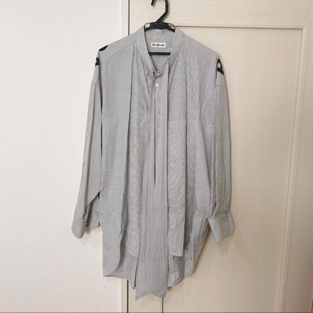 BALENCIAGAバレンシアガ リボンシャツ 背ロゴ ストライプシャツ38