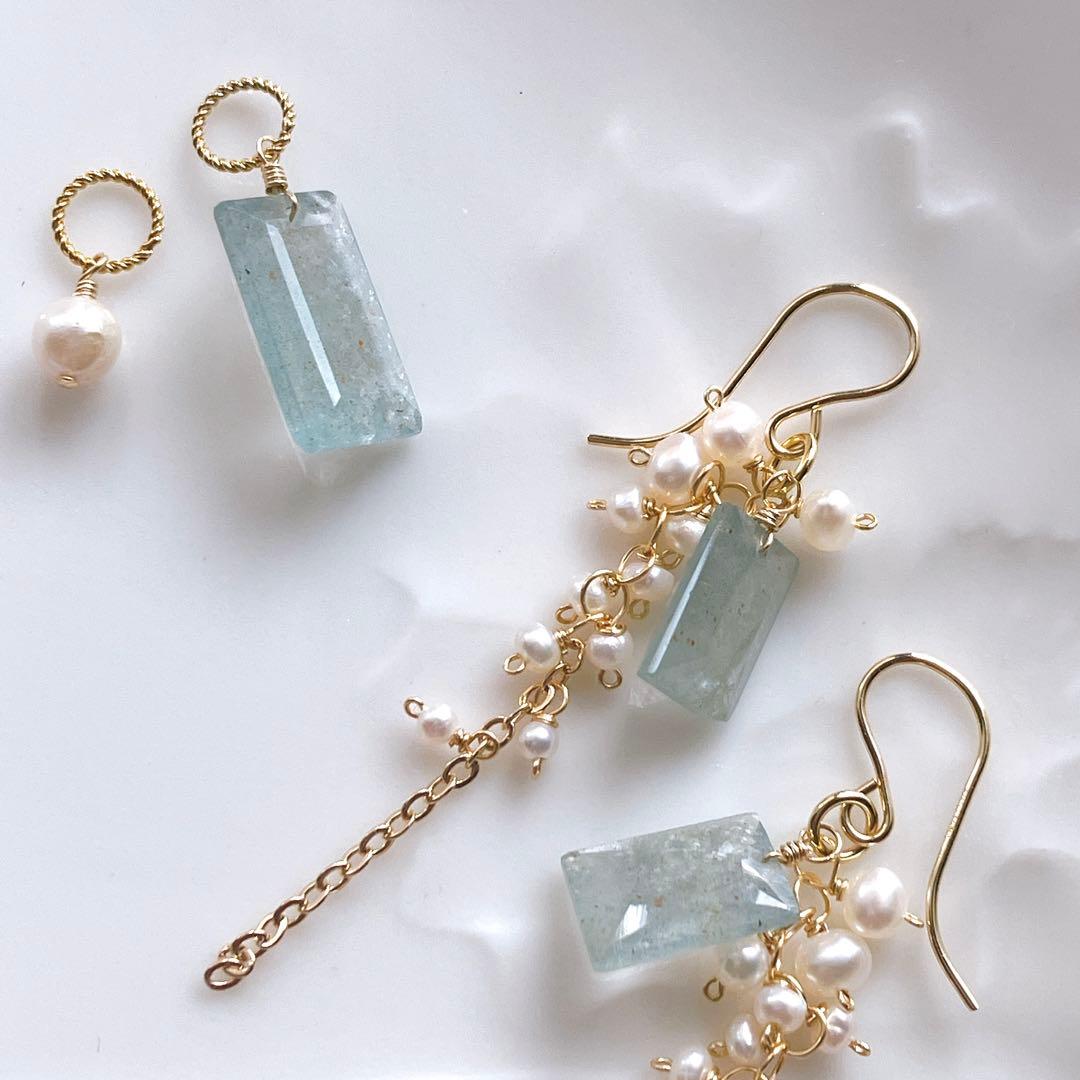 みなみ◆希少石✧シンデレラアクアマリンチャーム&あこや真珠チャーム