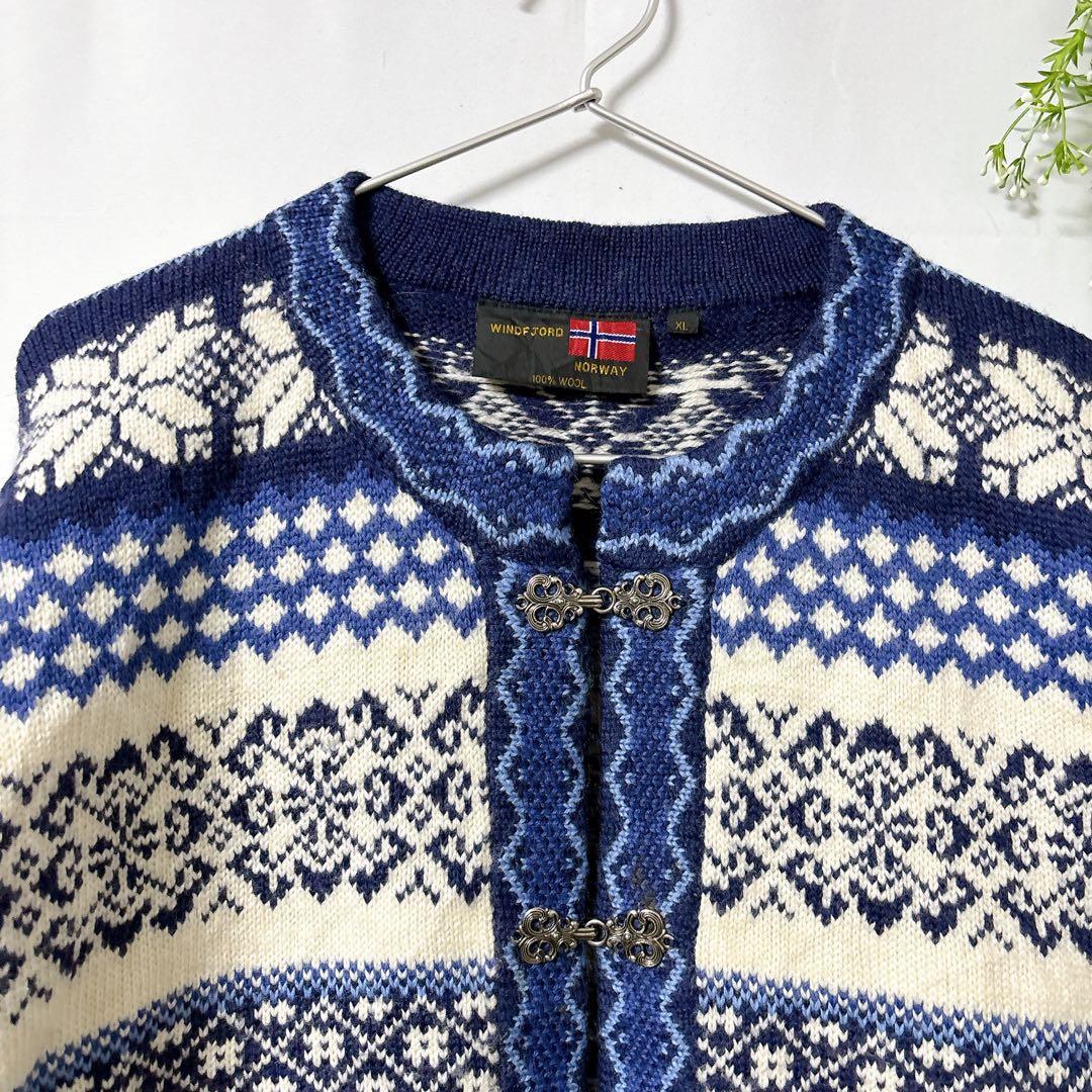 NORWAY製【XL】ノルディック柄ウールニットフック留めWIND FJORD