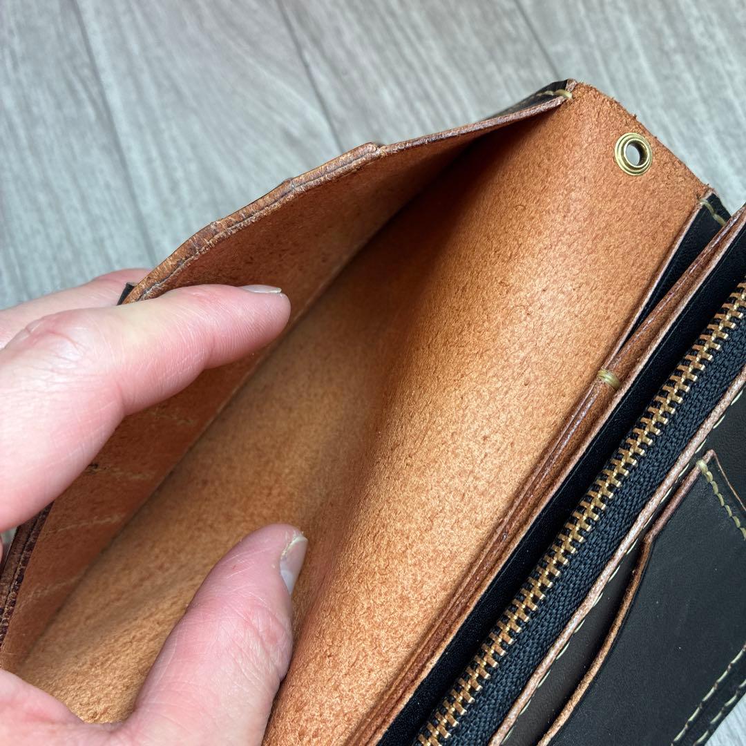 【茶芯ブラック】トラッカーウォレット　ロング　真鍮　三層