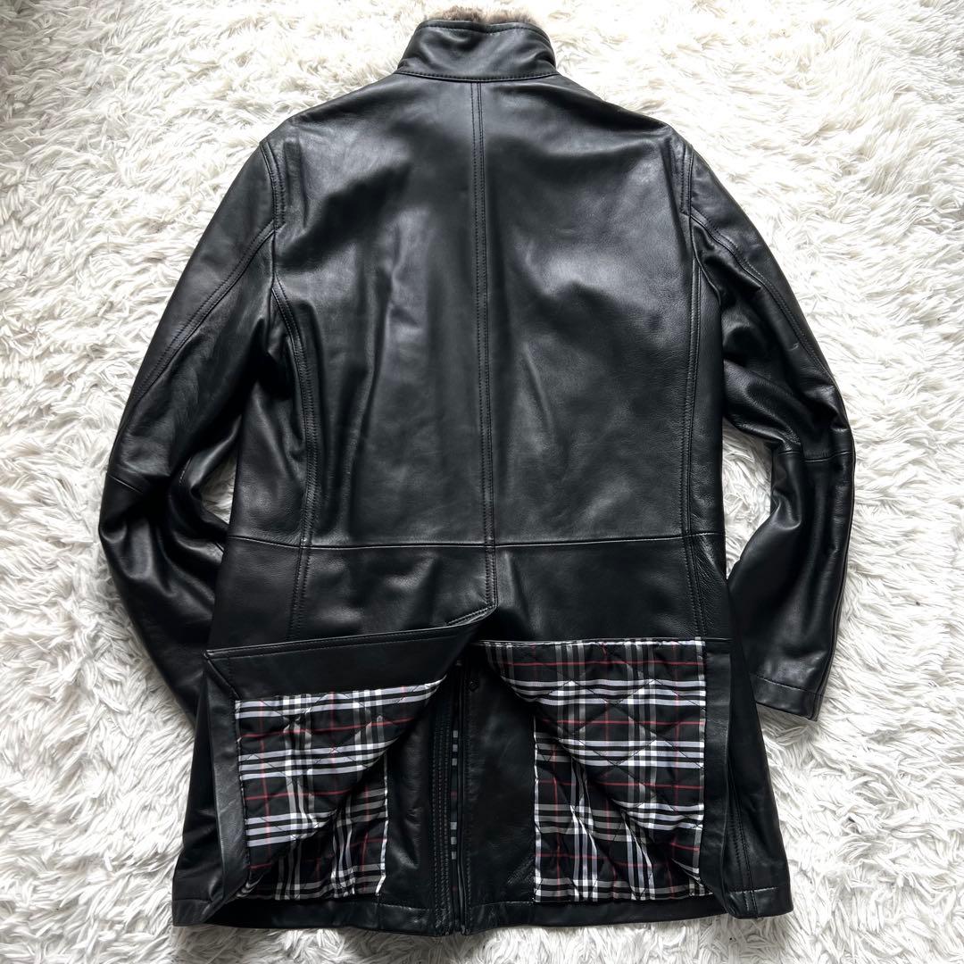 美中古 バーバリー ブラックレーベル ラムレザー M ラビットファー ブラック