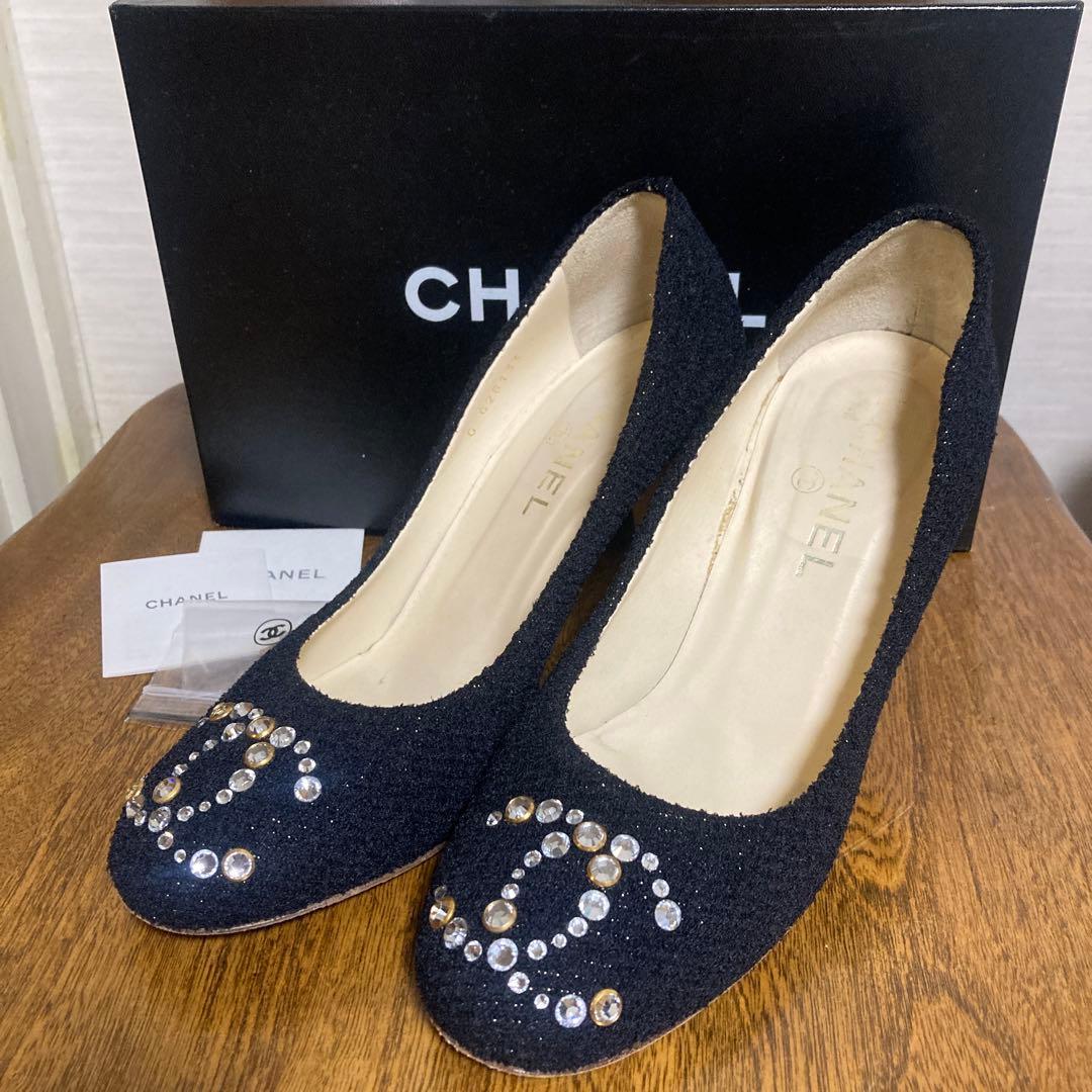 CHANEL パンプス ★ココマーク ラインストーン、ツィード、38.5サイズ