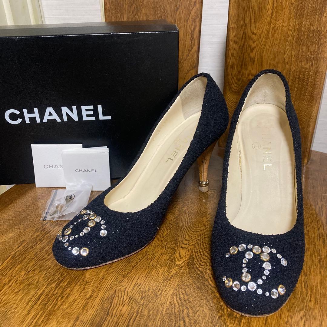 CHANEL パンプス ★ココマーク ラインストーン、ツィード、38.5サイズ