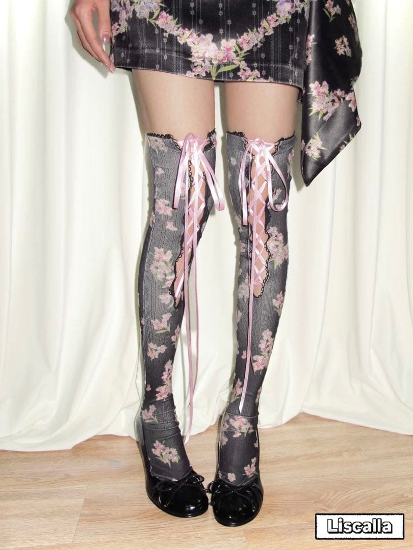 即日発送LIS CALLA｜“My Diary”花柄リボンソックス（ブラック）