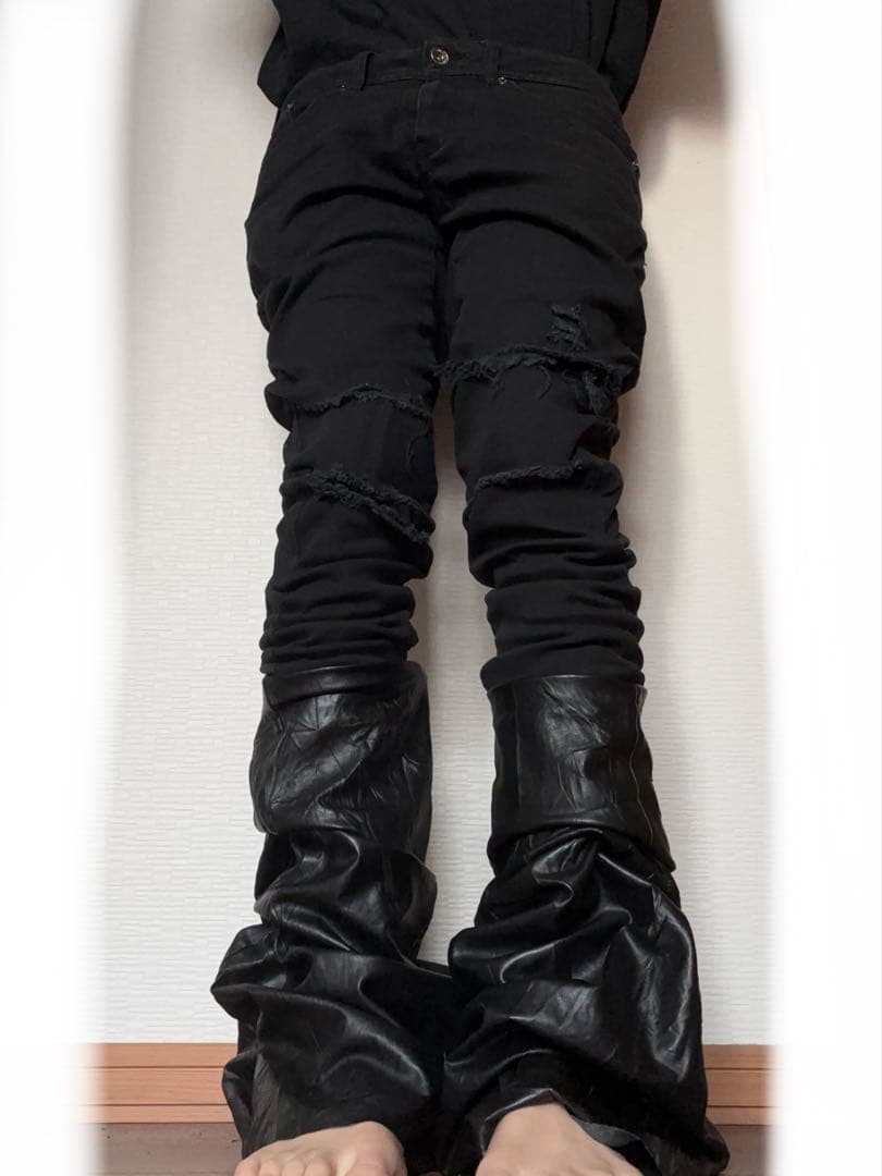 フレアデニム　ロングデニム　archive opium Y2K レザーパンツ　黒