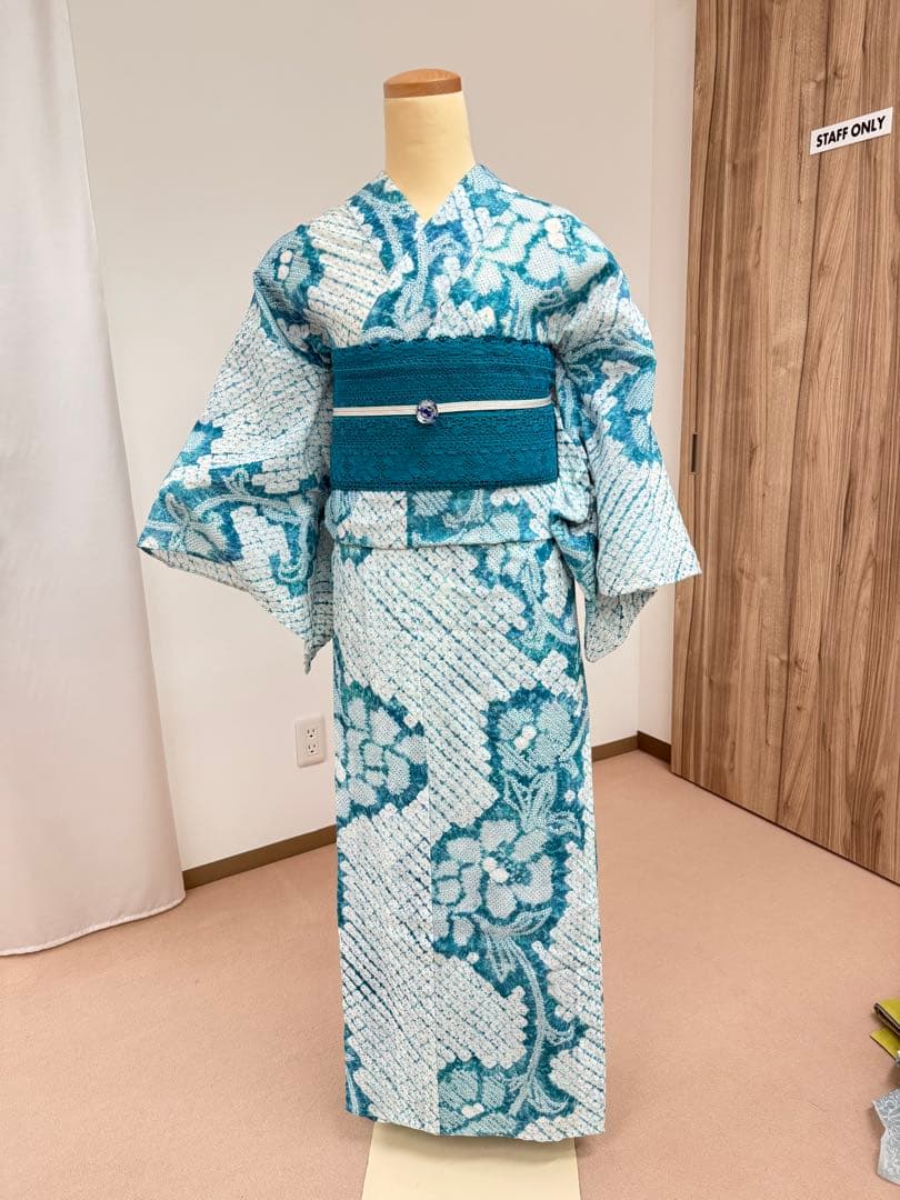 有松絞り青緑系花柄浴衣(美品)