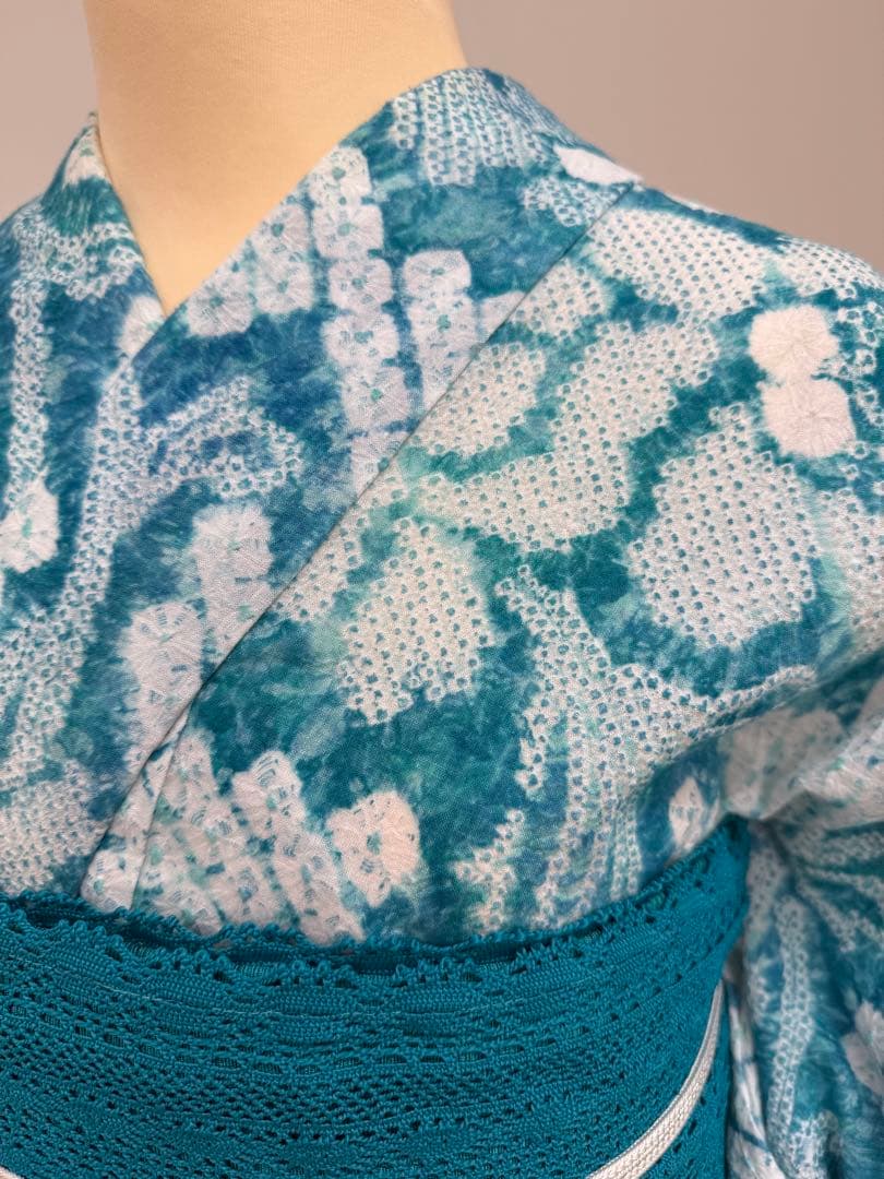 有松絞り青緑系花柄浴衣(美品)