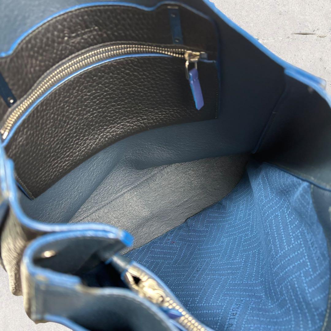 ホーネットフルラ ジョーヴェ レザー トートバッグ ハンドバッグ　黒×青