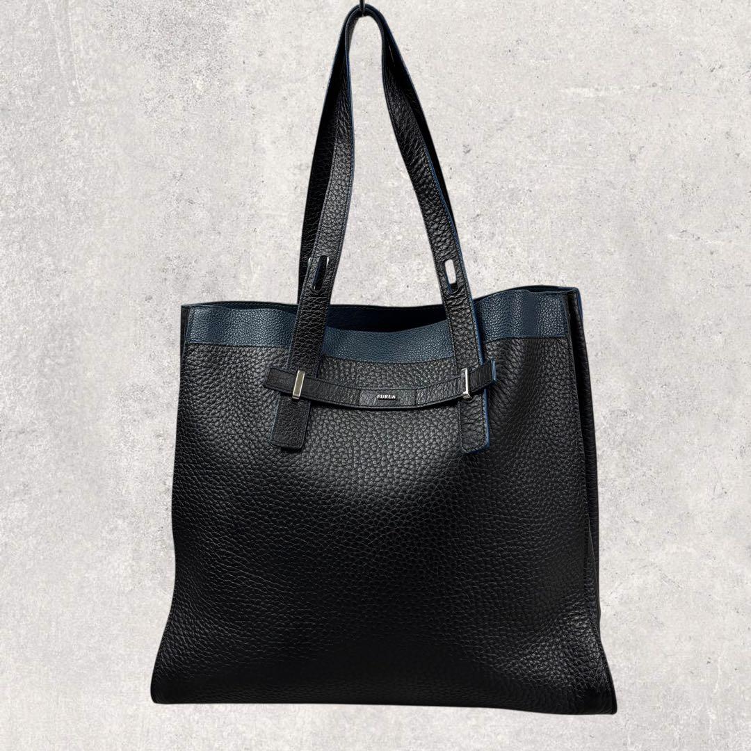 ホーネットフルラ ジョーヴェ レザー トートバッグ ハンドバッグ　黒×青