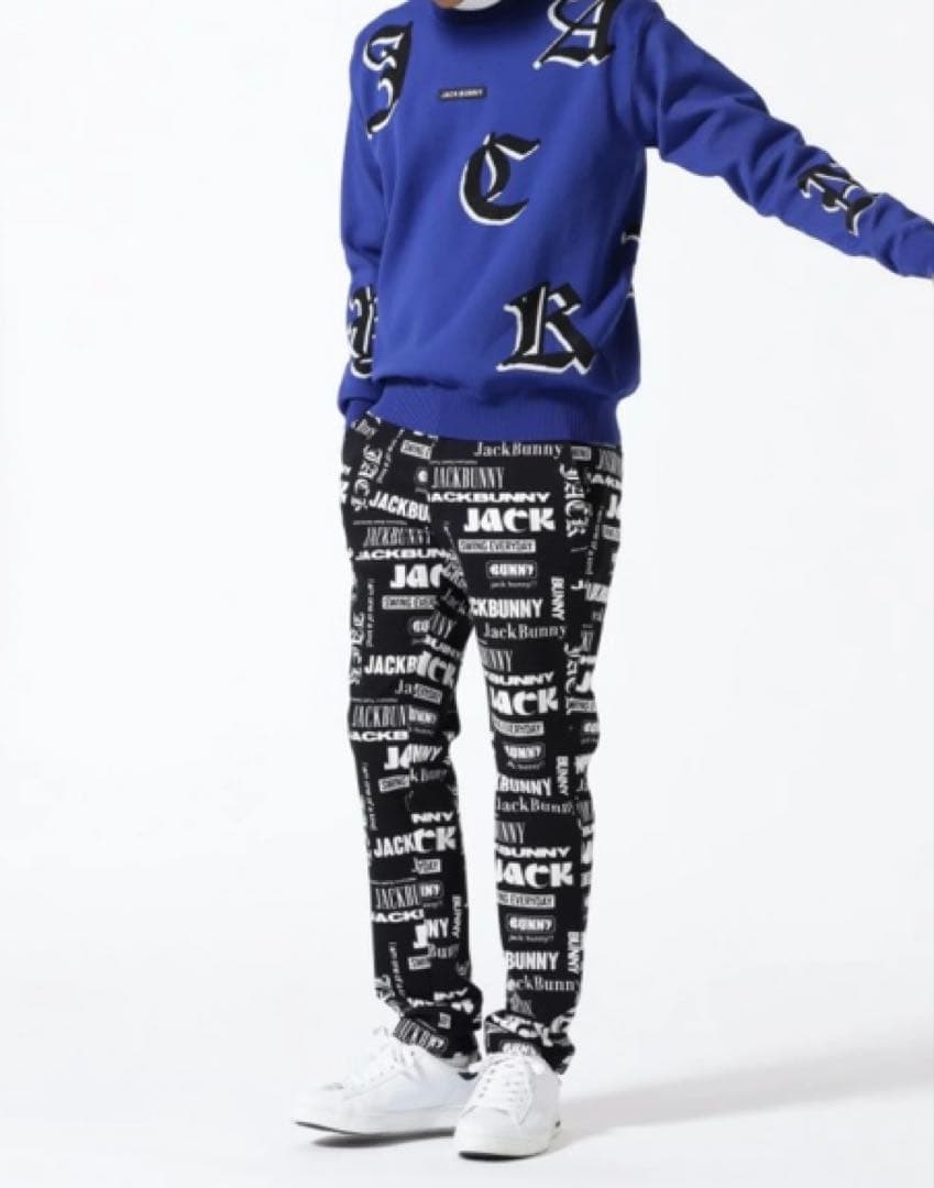 新品 パーリーゲイツ ジャックバニー ツイル 総柄テーパードパンツ(4)M/黒