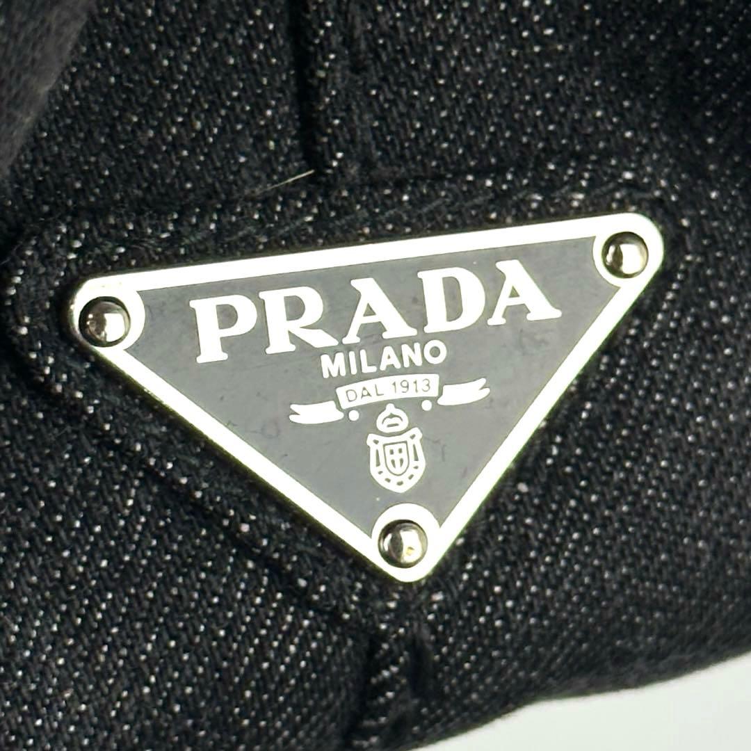 【美品】プラダ　カナパ　ハンドバッグ　三角ロゴ　シルバー金具　デニム　ブラック