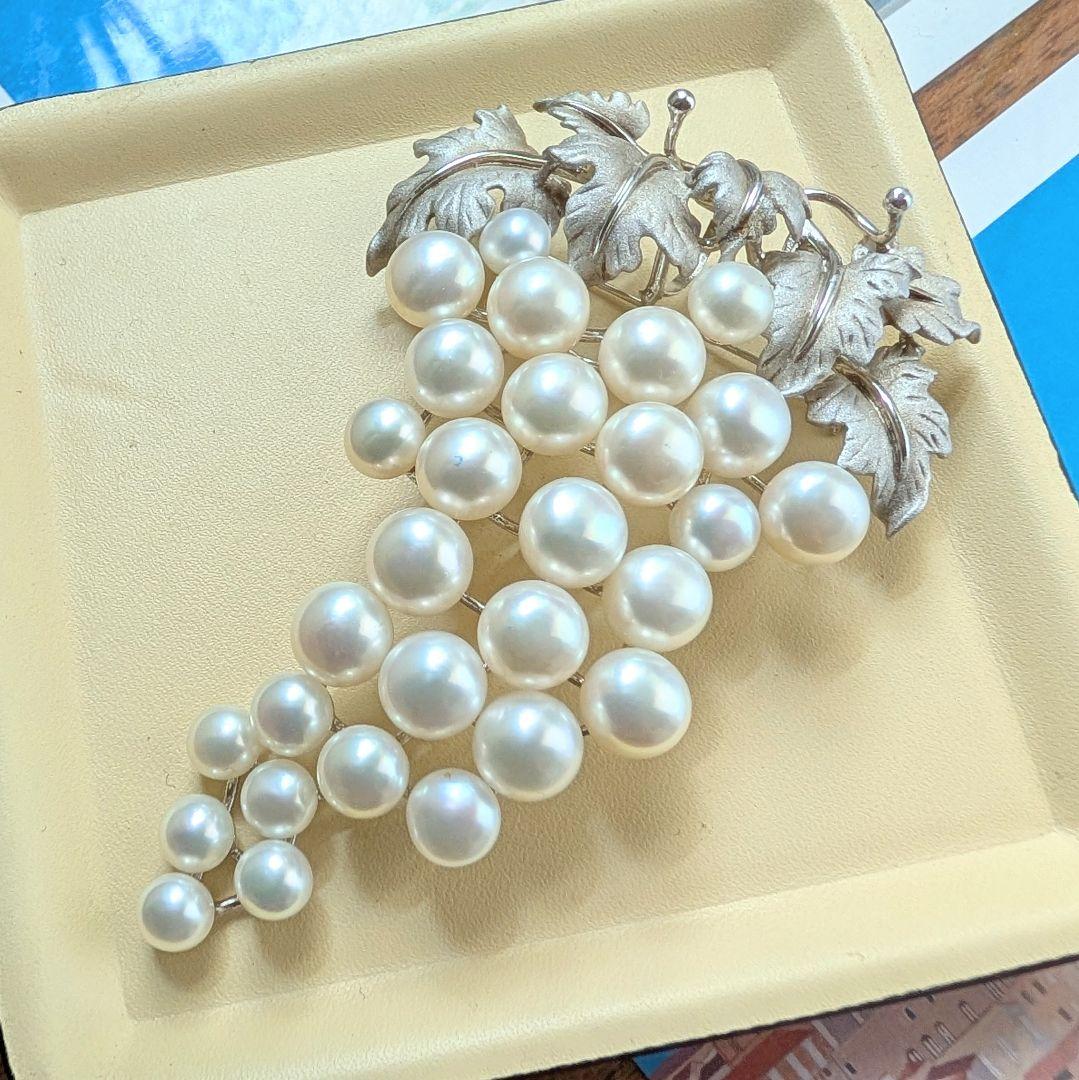 あこや真珠　パール　ブローチ　シルバー925 刻印　ぶどう　大ぶり　美品　29珠