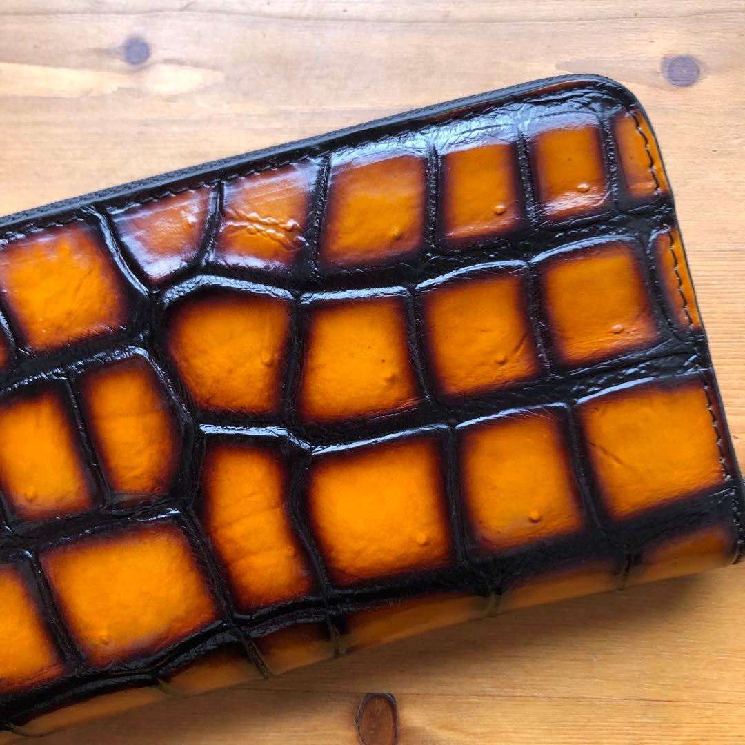 本物　クロコダイル　シャムワニ長財布 ワニ革 一枚革　 キャメル