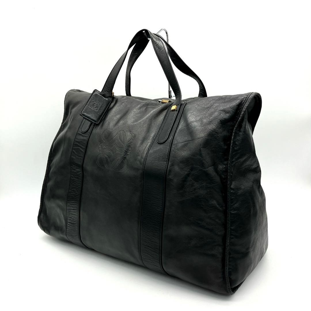 【LOEWE】ボストンバッグ　旅行鞄　アナグラム　ゴールド金具　レザー　ブラック