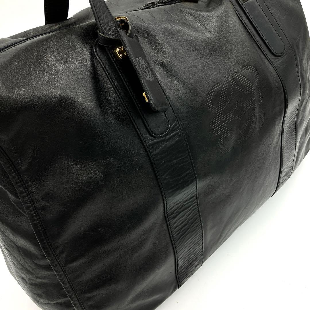 【LOEWE】ボストンバッグ　旅行鞄　アナグラム　ゴールド金具　レザー　ブラック