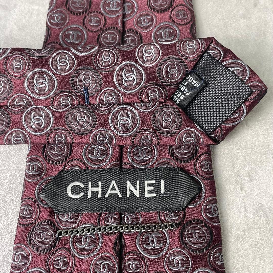 美品 CHANEL シャネル ジャガード ココマーク 総ロゴ ネクタイ ワイン