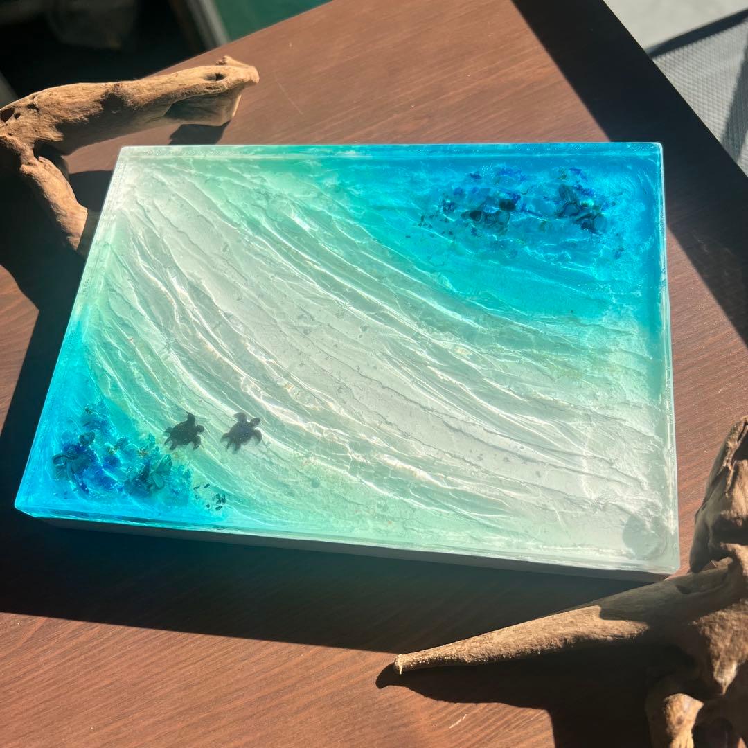 【レジンアート】波紋アート／ホヌの親子／A5パネル／壁掛け可能／枠なし