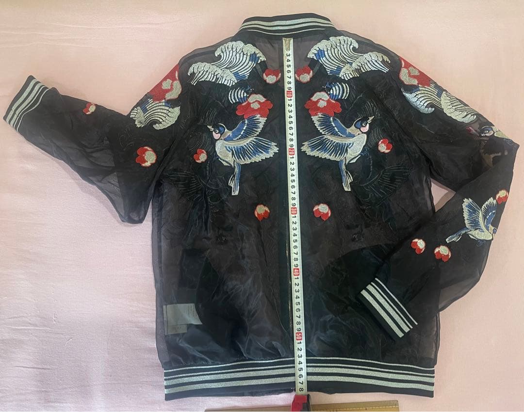 Ochirly(L)透けるスカジャンTATOO柄,春夏軽い,未使用に近い男女兼用