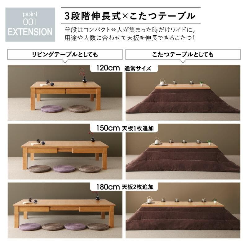 ３段階伸長式　天然木こたつテーブル　120ｘ80cm ウォールナットブラウン