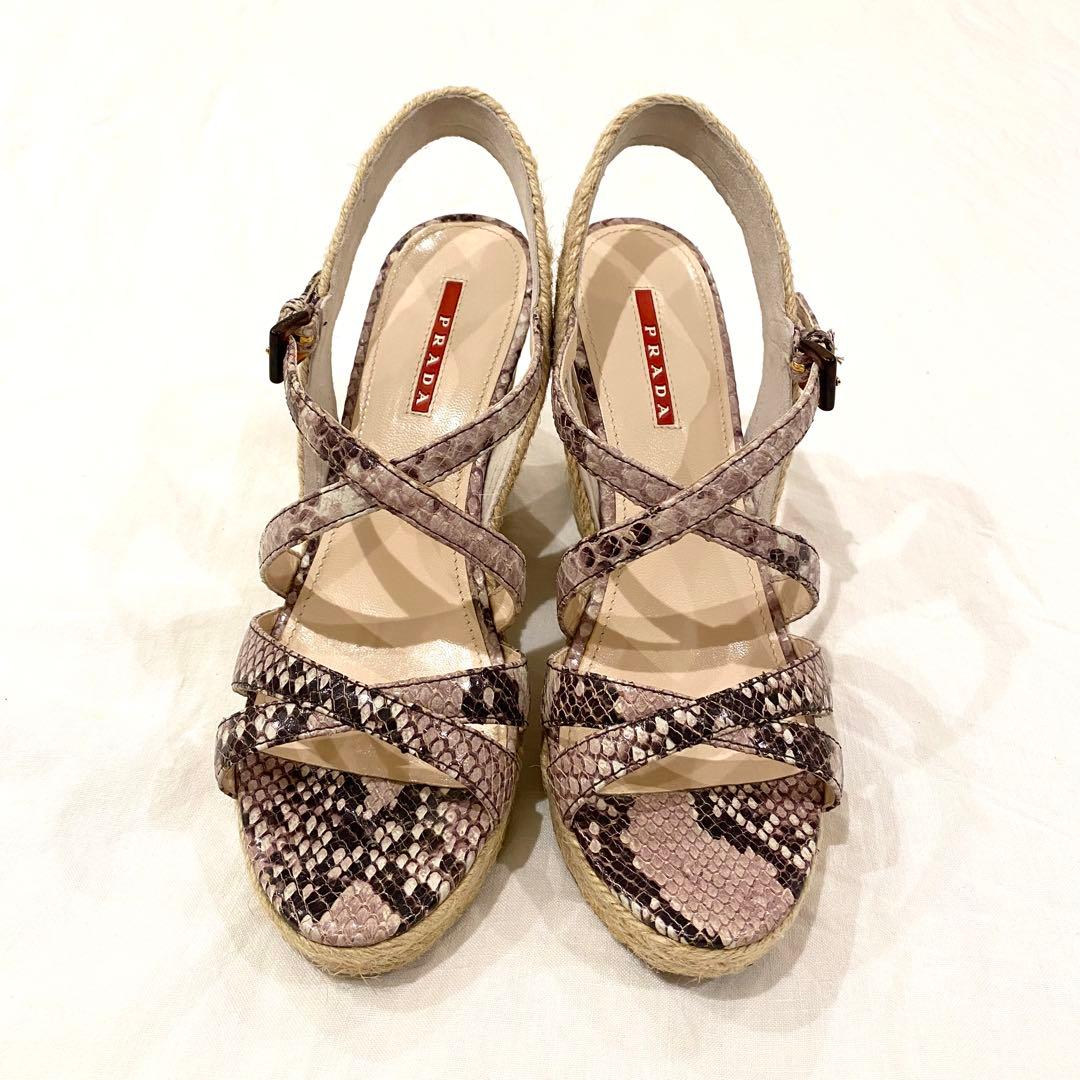 【超美品】PRADA プラダ ウェッジソール サンダル 39 パイソン柄