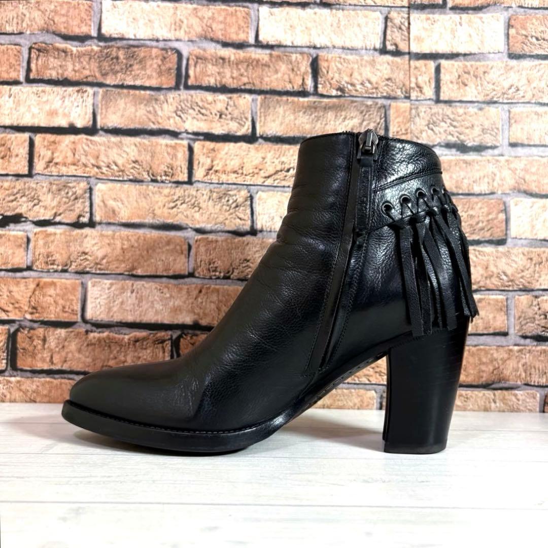 美品■サルトル■ショートブーツ✨サイドジップ フリンジ 本革 チャンキーヒール