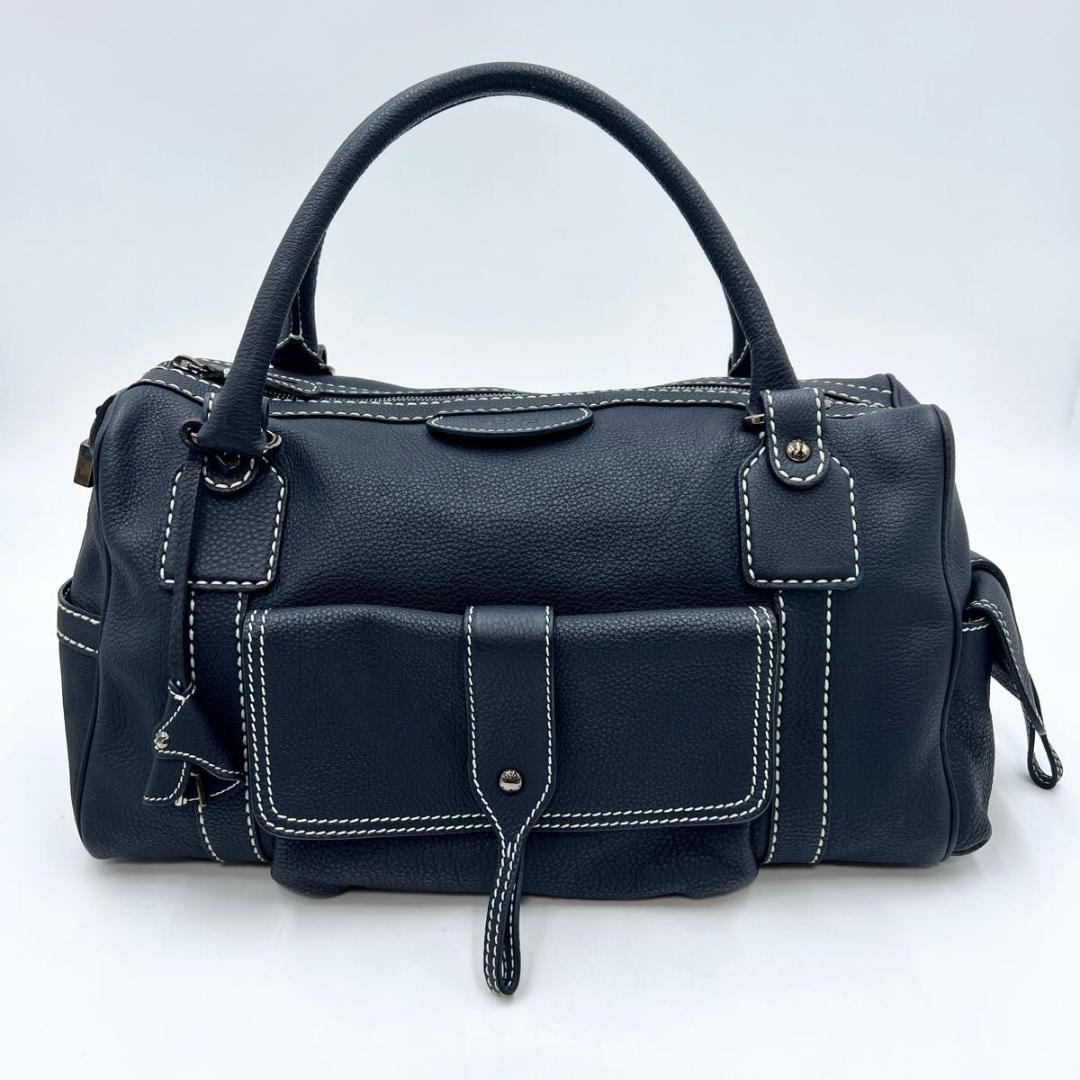 TOD’S トッズ ハンドバッグ ボストンバッグ型 ネイビー レザー 鍵付き