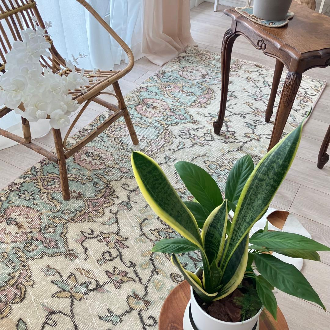 ペパーミントグリーン　ピンクベージュ73×222ランナー　トルコヴィンテージラグ