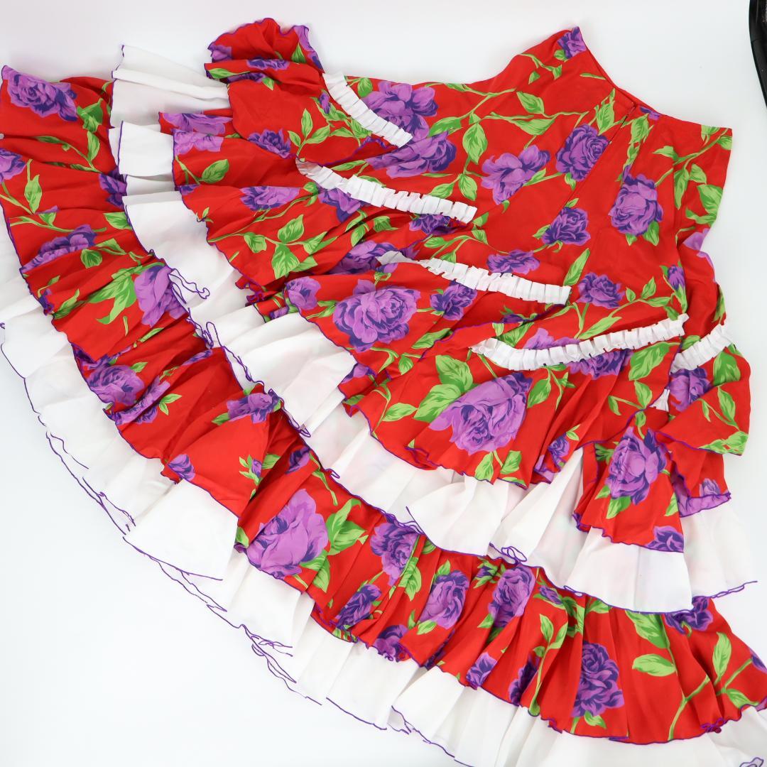 【美品 フラメンコ衣装 ツーピース】鮮やかレッド×花柄×フリル ブラウスファルダ
