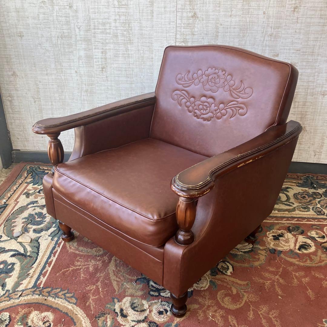 昭和レトロ オールドカリモク 古家具 一人掛けレザーソファー アームチェア 装飾