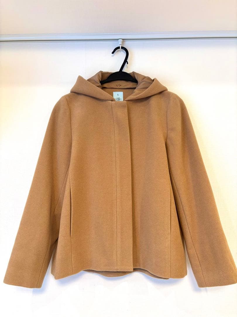 【新品未使用】ウール コートベージュ フード取り外し可 ノーカラー