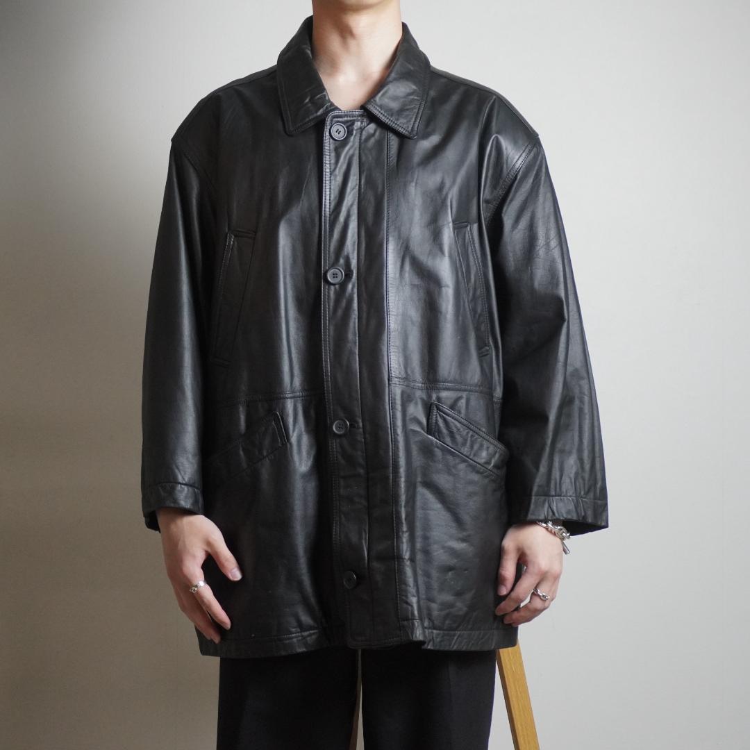 vintage レザージャケットコート 裏地キルティング ブラック/EZ81