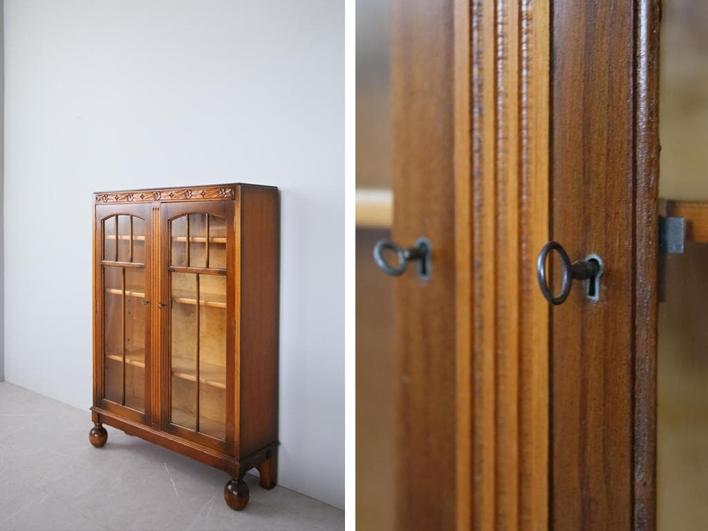 英国アンティーク木製ディスプレイキャビネット/本棚ガラス/飾り棚(89-235)