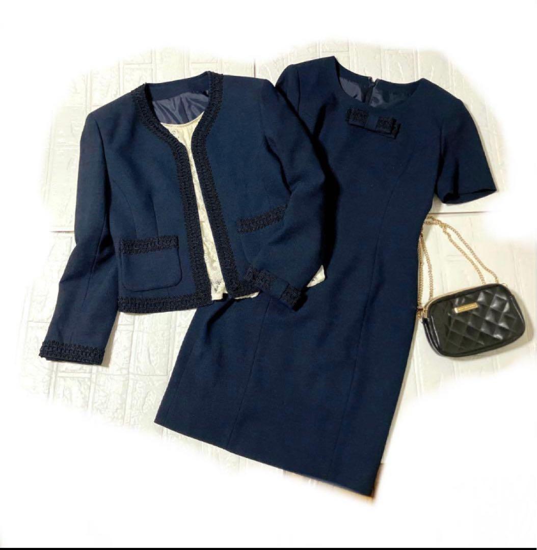 美品クレージュ　スーツ　ノーカラー　ワンピース　ジャケット　刺繍　セレモニー