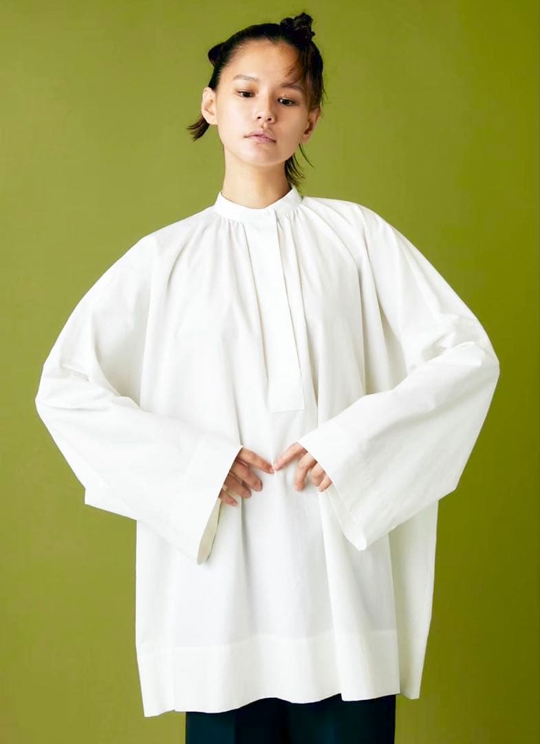 ENFOLD ホワイト バンドカラー ワイドシャツ