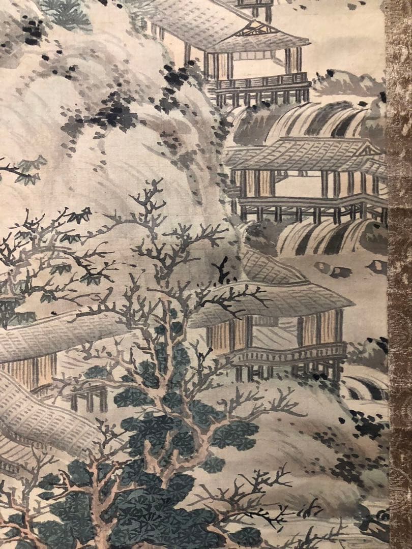 掛け軸２点／84、85［山水楼亭之図］＆［赤牡丹］肉筆　木箱無し！