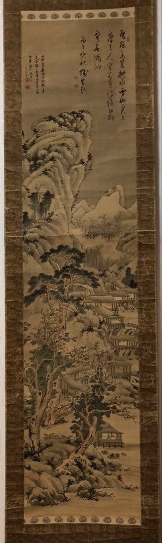 掛け軸２点／84、85［山水楼亭之図］＆［赤牡丹］肉筆　木箱無し！