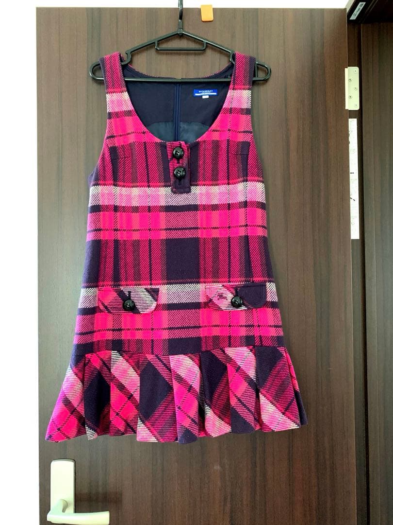 【美品】BURBERRYピンク系ウールチェック ノースリーブミニワンピース 38