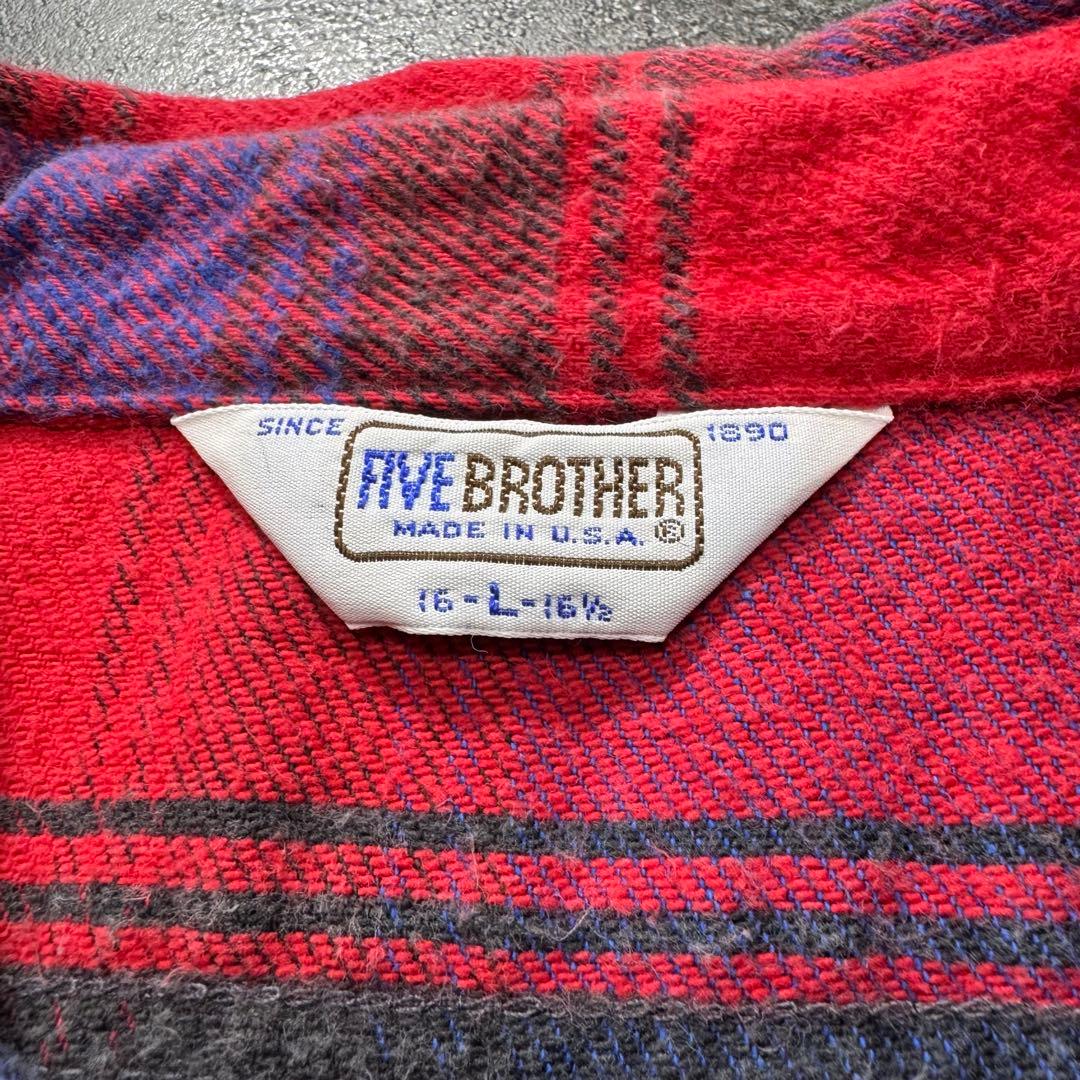80sUSA製ファイブブラザーヘビーネルシャツヘビネル赤黒オンブレチェックL古着