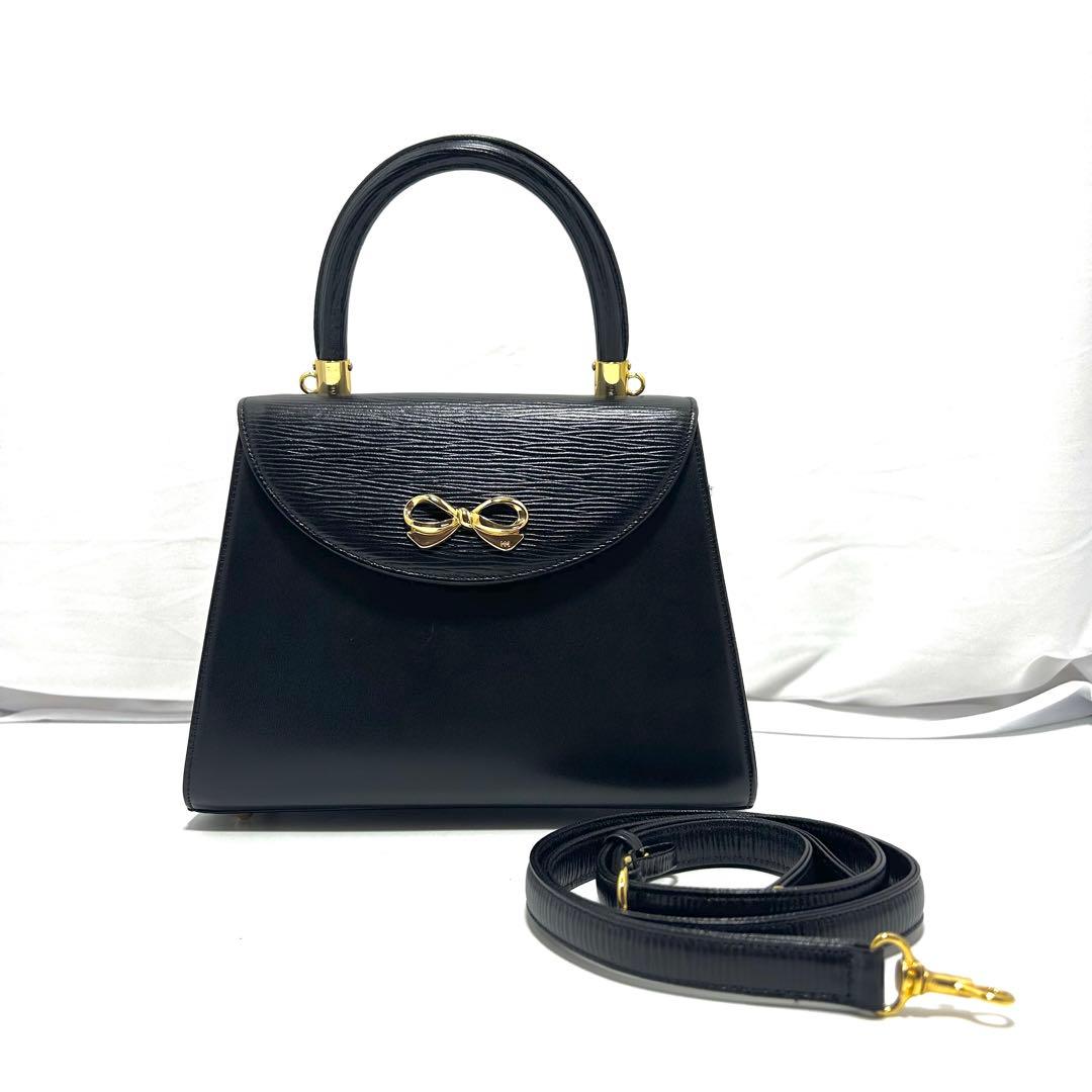 美品 ハナエモリ 2way フォーマルバッグ 黒 リボン レザー ハンドバッグ