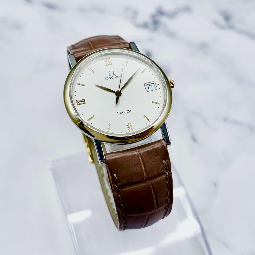 【美品】オメガ デヴィル K18YG リーフ針 7420.33 純正本革ベルト