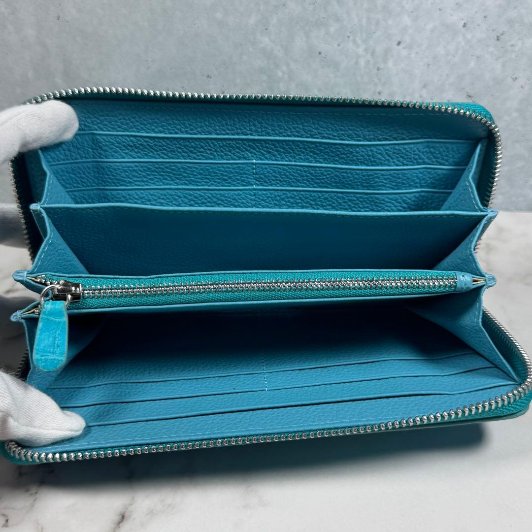 クロコダイル 長財布 ターコイズブルー マット仕上げ シルバーファスナー