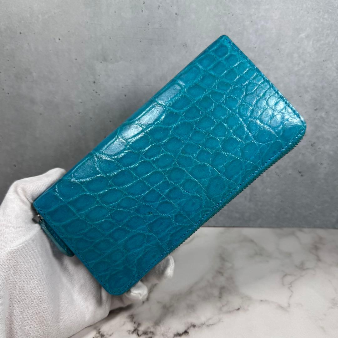 クロコダイル 長財布 ターコイズブルー マット仕上げ シルバーファスナー