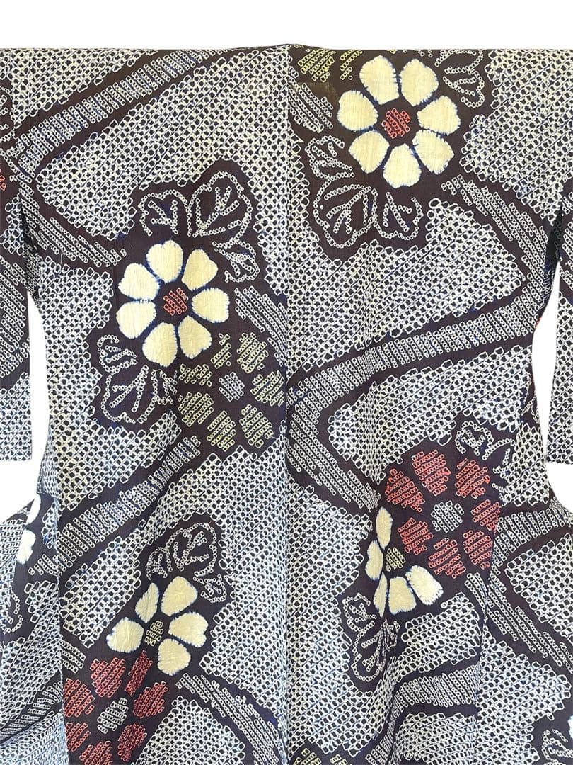 □夏涼浴衣　有松総絞り　花柄　藍色　身丈約160cm